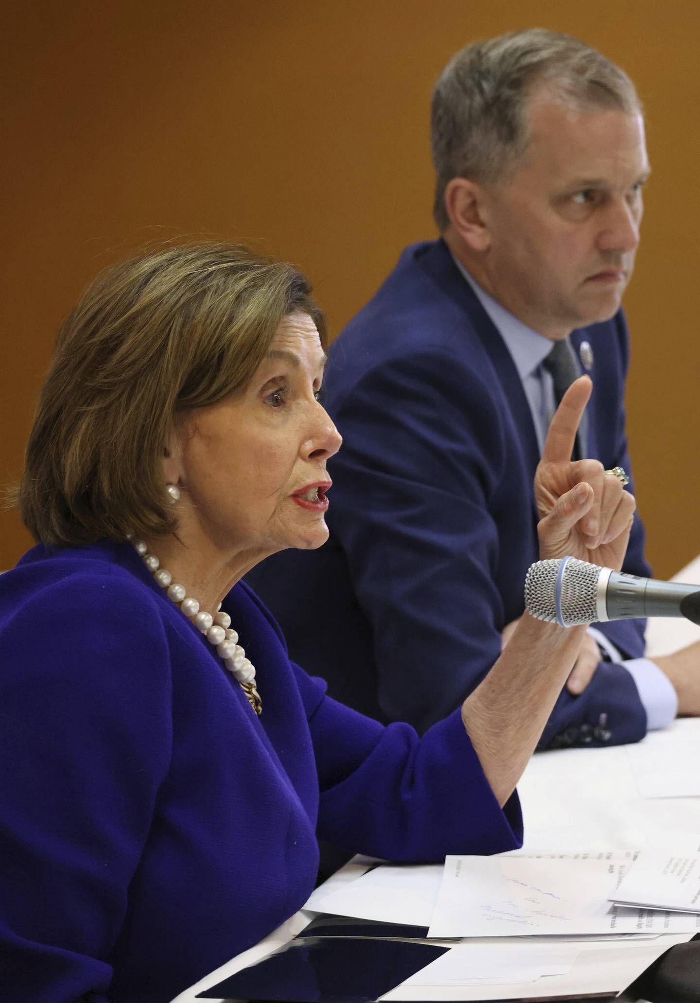 House Speaker Nancy Pelosi joins U.S. Rep. Sean Casten at Advocate Good Samaritan Hospital for a discussion on reproductive rights on Oct. 21, 2022.