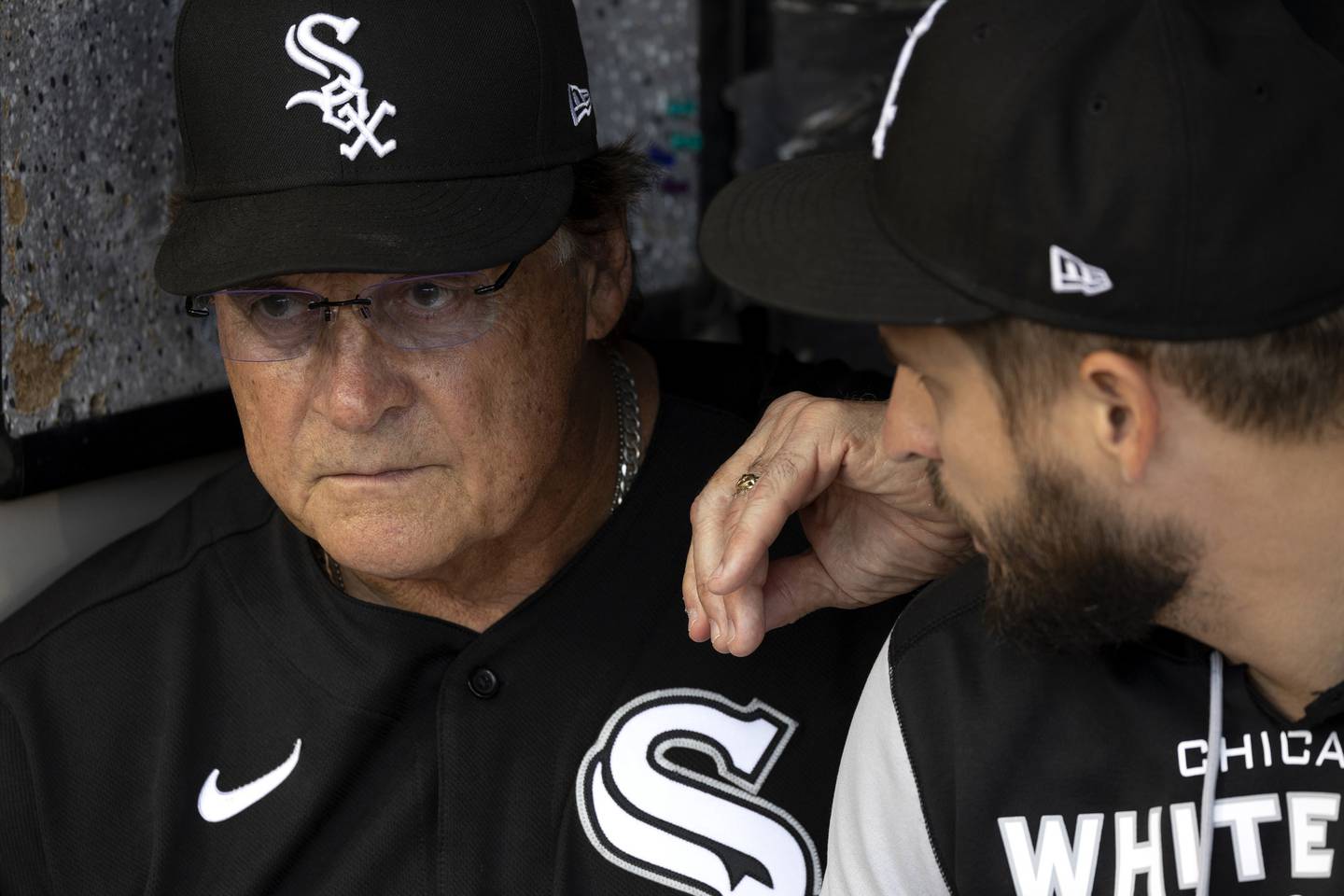 White Sox Manager Tony La Russa sits in the dugout with reliever Kendall Graveman a game againts the Athletics on July 30 at Guaranteed Rate Field. 