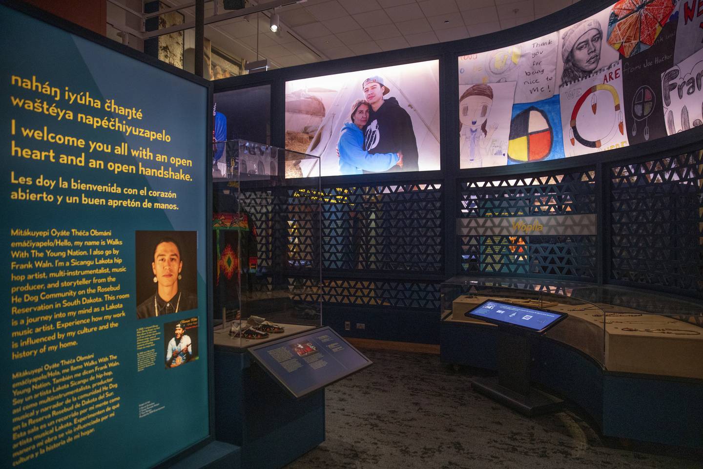 An exhibit on Walks With The Young Nation (Frank Waln), a Sicangu Lakota hip-hop artist, is part of the Field Museum's "Native Truths: Our Voices, Our Stories" permanent exhibit in Chicago, seen May 24, 2022.