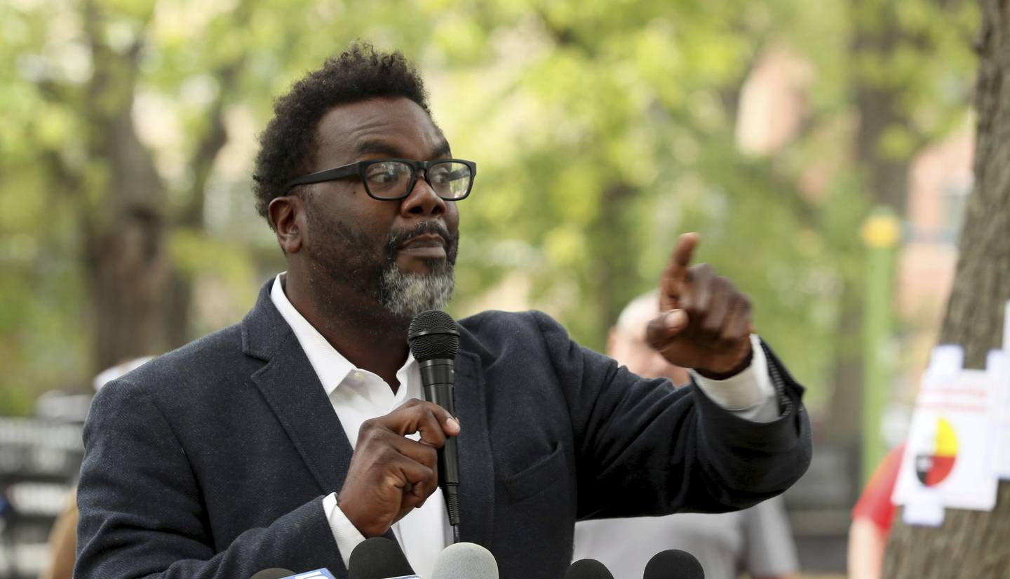 Cook County Commissioner Brandon Johnson speaks at a gathering in support of Indigenous Peoples Day in Potawatomi Park in 2021.