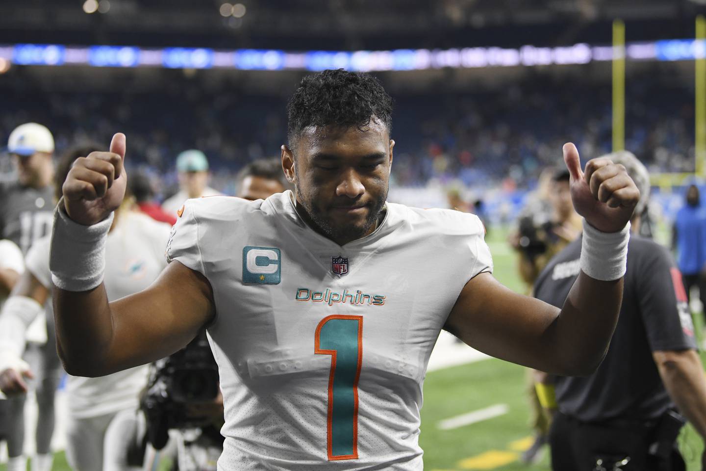 Dolphins quarterback Tua Tagovailoa walks off the field after a victory against the Lions on Sunday, Oct. 30, 2022, in Detroit.