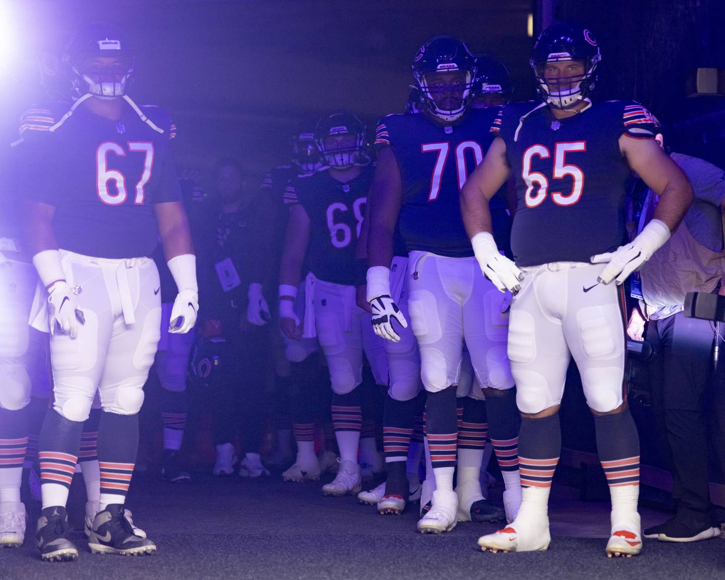 Bears center Cody Whitehair (65) takes the field before a preseason game on Aug. 13, 2022, at Soldier Field. 