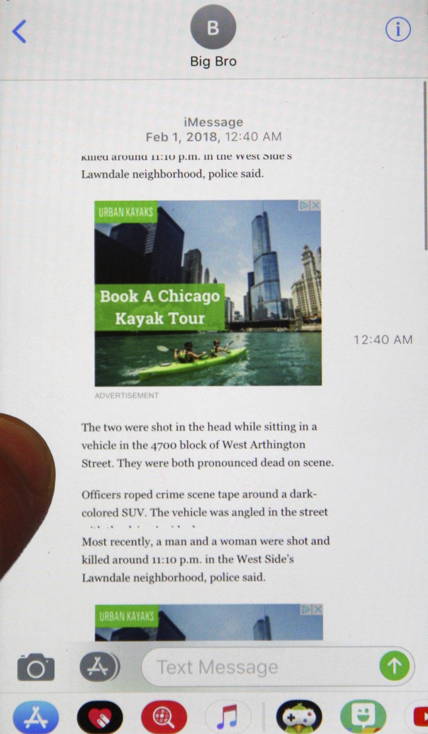 On Feb. 1, 2018, Darius Murphy texted this screenshot of a Chicago's Tribune breaking news story about a double slaying to fellow gang member Deshawn Morgan. 
