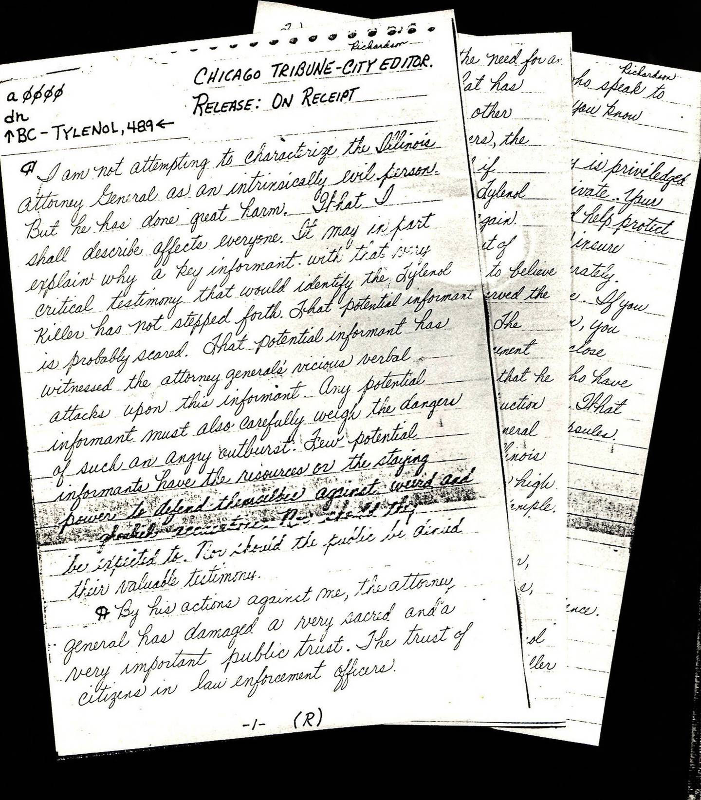James Lewis sent several letters to the Tribune, including this one. The notations at upper left imitate the story number, slug and computer function symbols that appeared on stories distributed by news wire services.