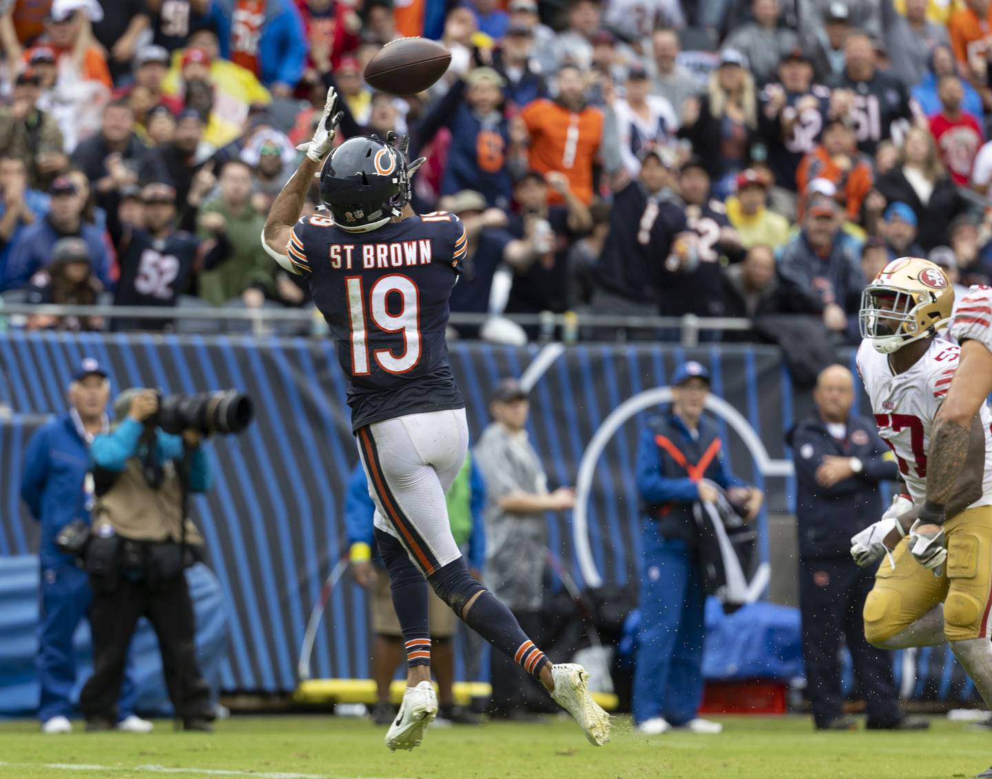 Bears wide receiver Equanimeous St. Brown catches a touchdown pass against the 49ers in the fourth quarter on Sept. 11, 2022, at Soldier Field. 
