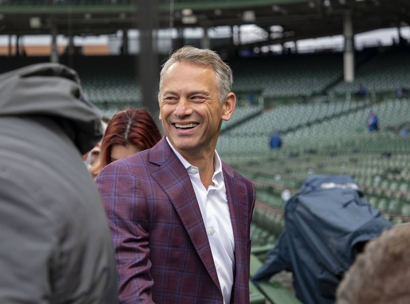 Cubs general manager Jed Hoyer prepares for opening day at Wrigley Field on April 7, 2022.