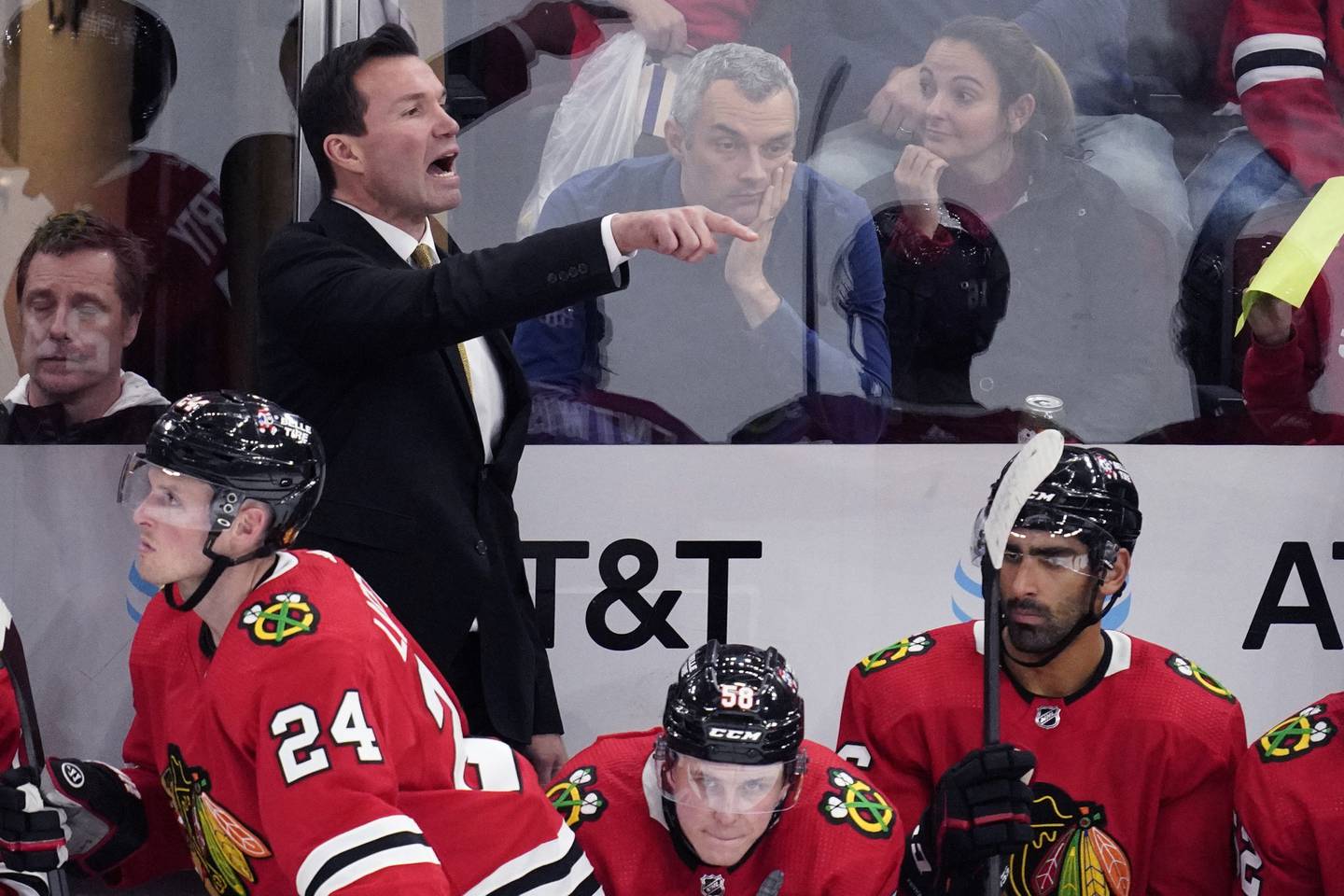 Chicago Blackhawks coach Luke Richardson calls plays during the third period against the Edmonton Oilers, Oct. 27, 2022, at the United Center.