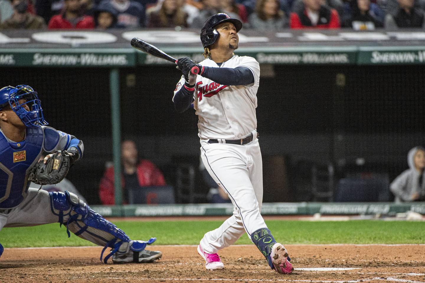 Guardians third baseman Jose Ramirez watches his three-run home run against the Royals on Friday in Cleveland. 