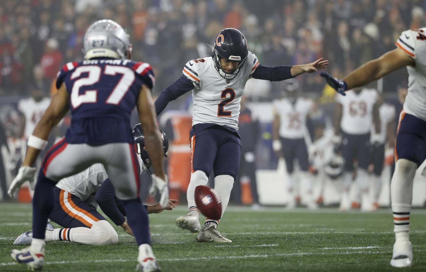 Bears kicker Cairo Santos (2) makes a field goal to end the first half against the Patriots on Monday, Oct. 24, 2022, at Gillette Stadium in Foxborough, Mass.