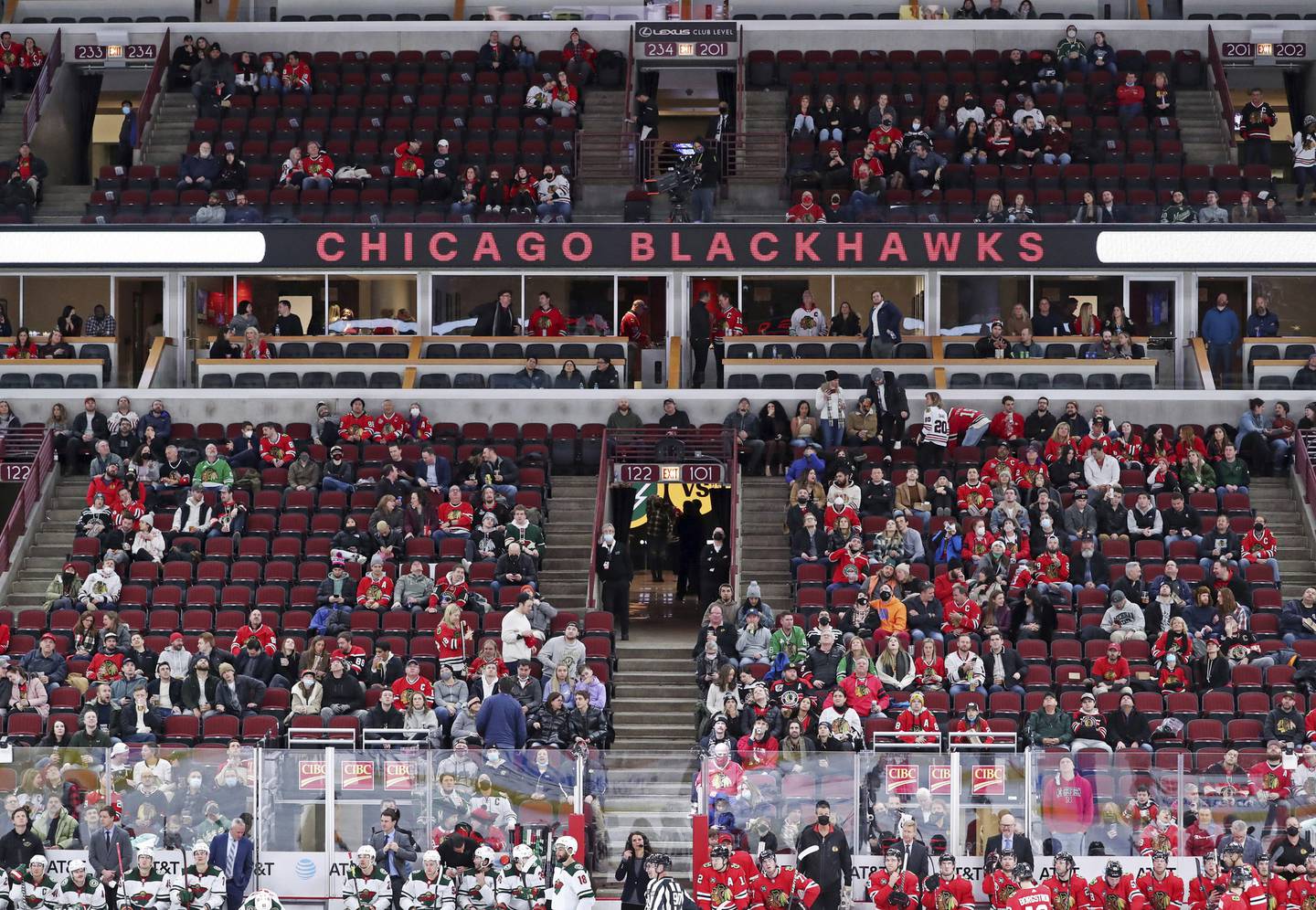 Chicago Blackhawks fans watch a game against the Minnesota Wild at the United Center, Feb. 2, 2022.