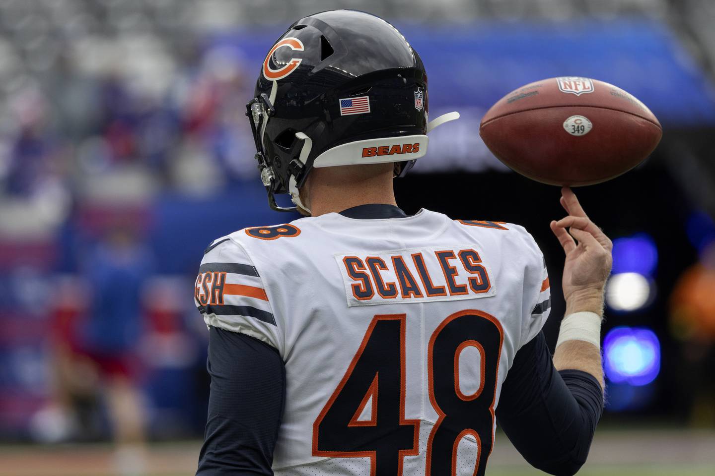 Bears long snapper Patrick Scales warms up before the game against the Giants on Oct. 12, 2022.