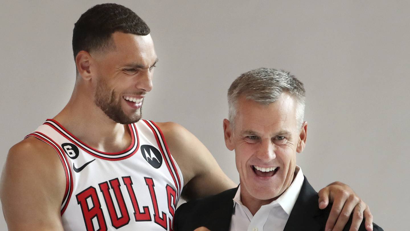 Bulls guard Zach LaVine and coach Billy Donovan pose for a photo on media day on Sept. 26 at the United Center. 