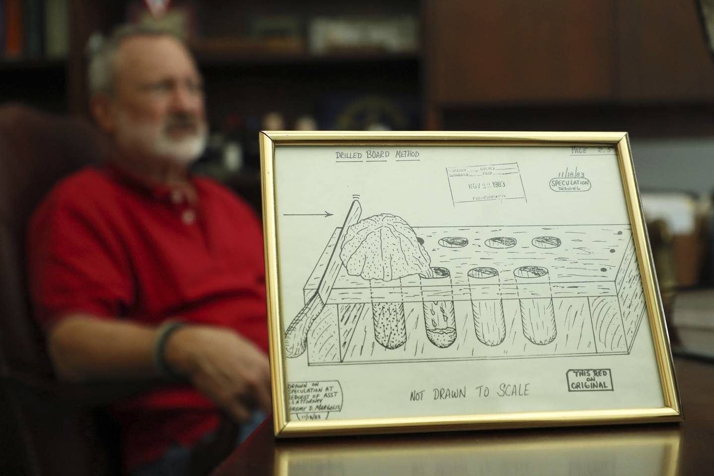 A copy of a drawing made by James Lewis in 1983 sits on the desk of Jeremy Margolis, former assistant U.S. attorney, in his Chicago office. Margolis was on the team that prosecuted Lewis for attempted extortion.