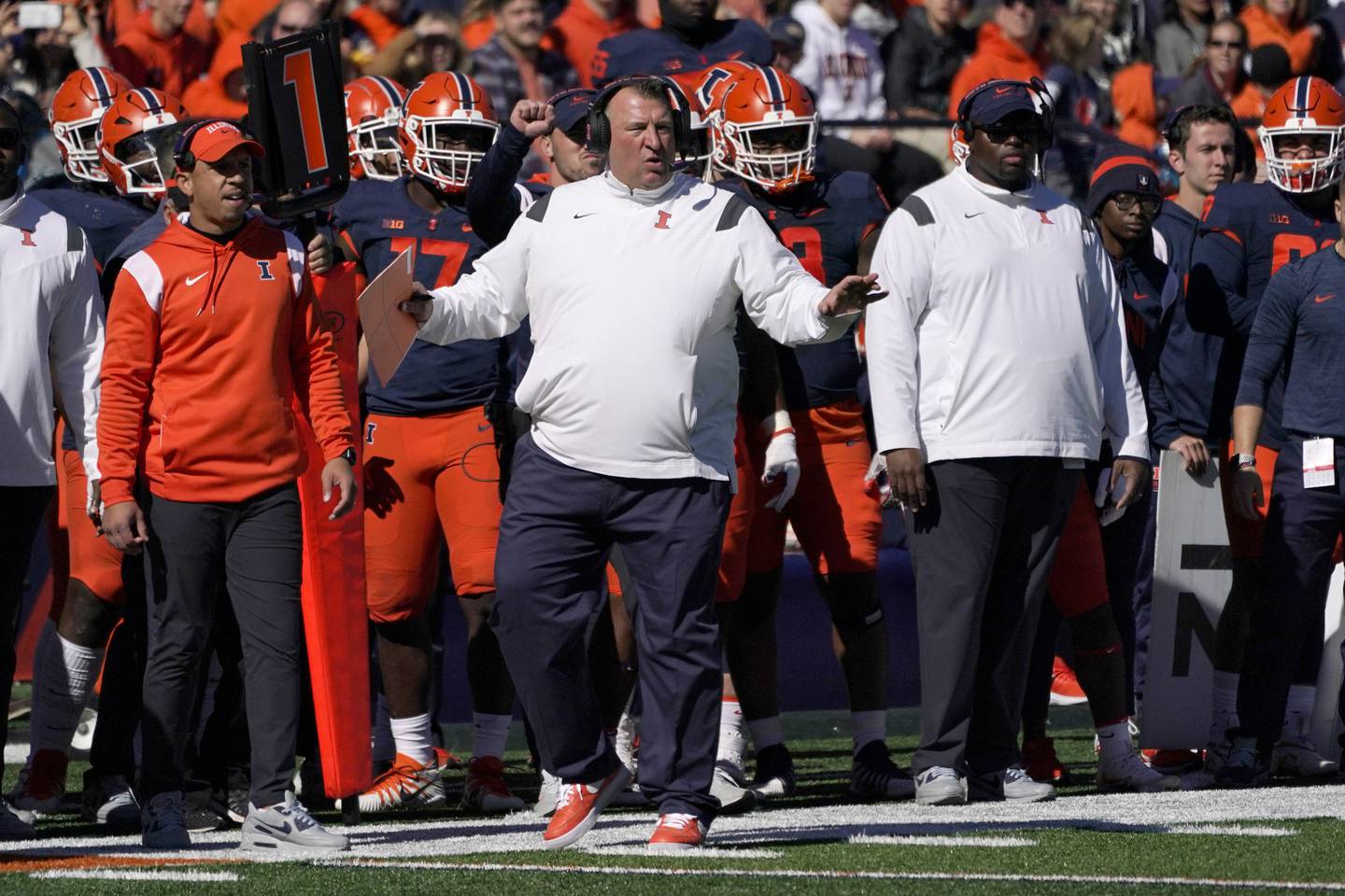 Illinois coach Bret Bielema gestures on the sideline during the first half of a game against Minnesota on Oct. 15, 2022, in Champaign. 