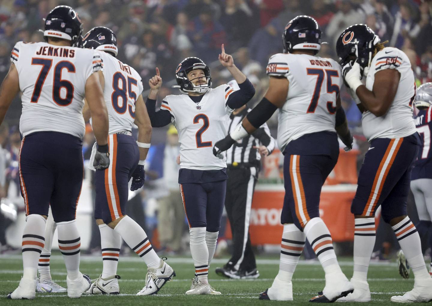 Bears kicker Cairo Santos (2) celebrates after a first-quarter field goal against the Patriots on Monday, Oct. 24, 2022, at Gillette Stadium in Foxborough, Mass.