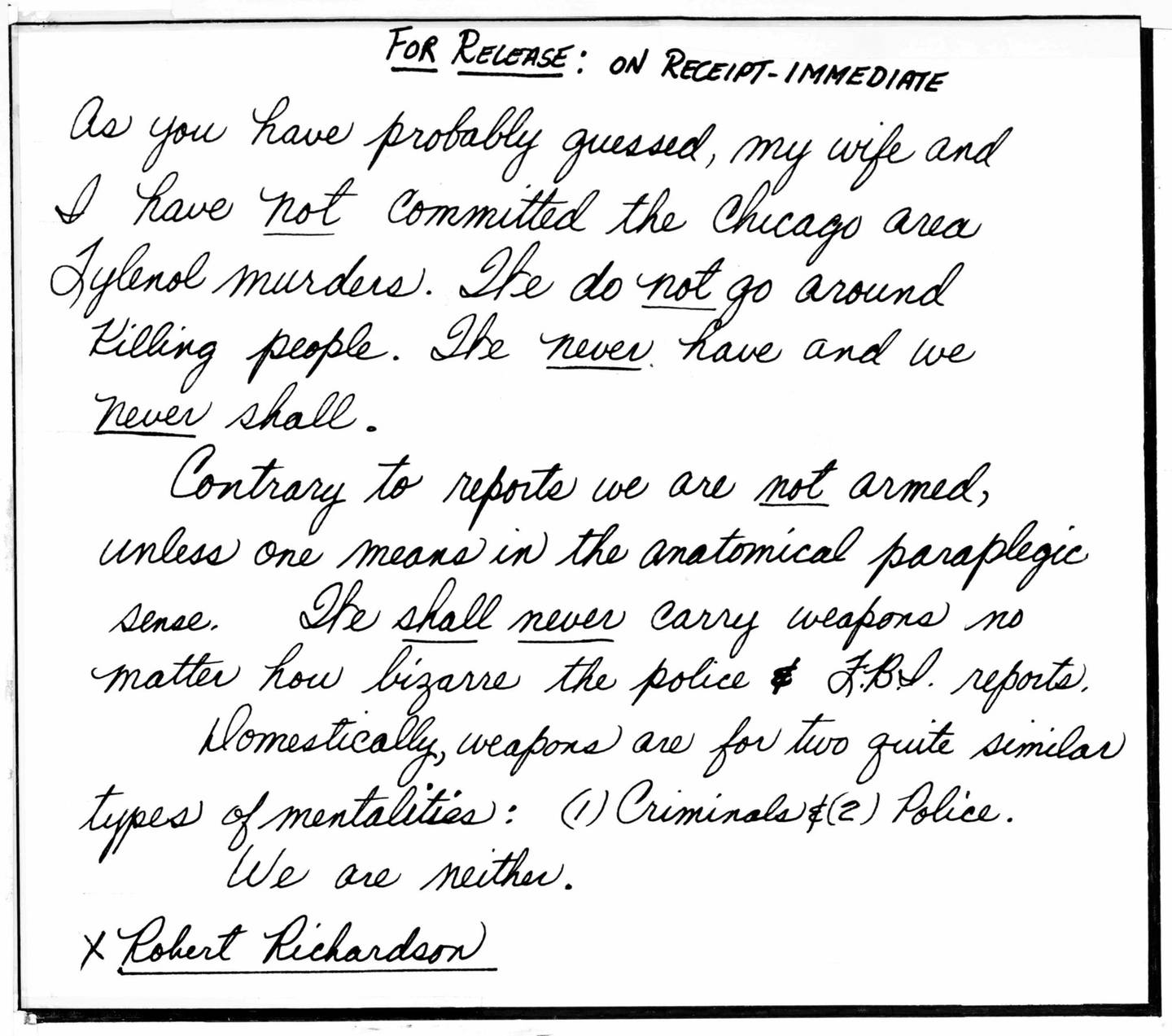 A 1982 letter to the Tribune, signed as Robert Richardson by James Lewis, denies responsibility for the Tylenol murders. 