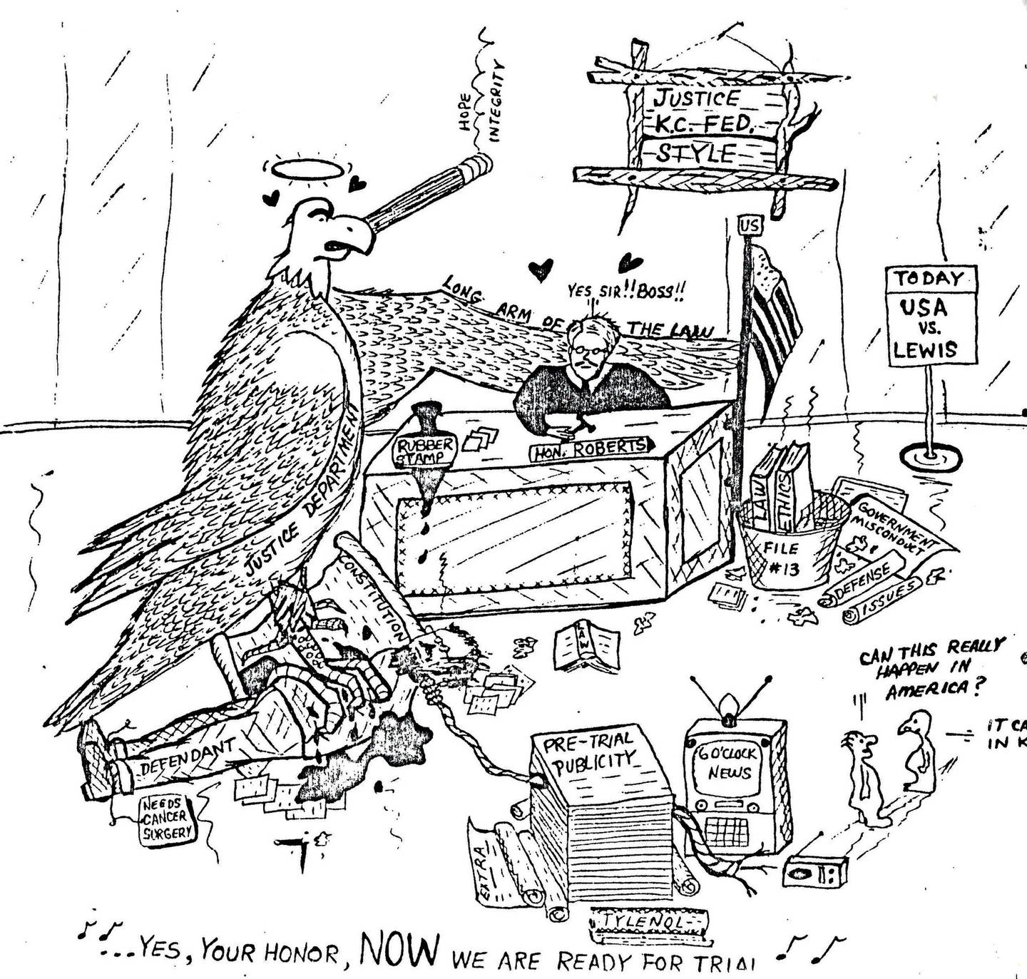 At his 1983 trial for mail fraud, James Lewis made a drawing that depicts the bearded and bespectacled defendant bleeding on the ground as a bald eagle representing the U.S. Department of Justice digs its talons into his torso. 