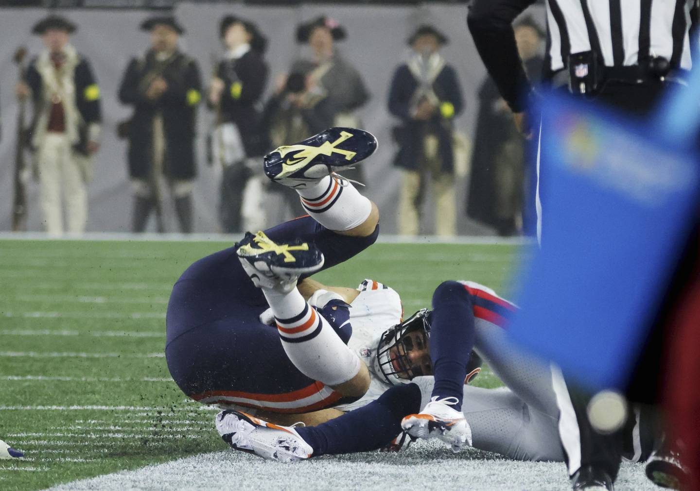 Bears tight end Cole Kmet makes a reception and gets tackled out of bounds in the third quarter against the Patriots on Monday, Oct. 24, 2022, at Gillette Stadium in Foxborough, Mass.