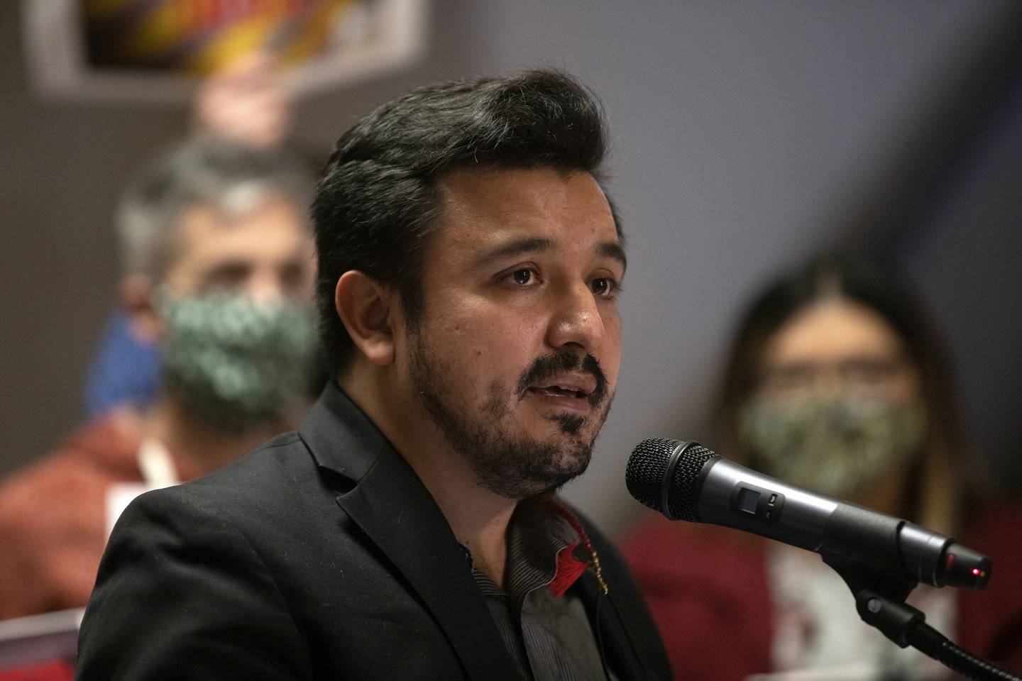 Ald. Byron Sigcho-Lopez, 25th, speaks during a news conference denouncing General Iron's proposed move from the North to the South Side on Feb. 16, 2022, at Chicago City Hall. 