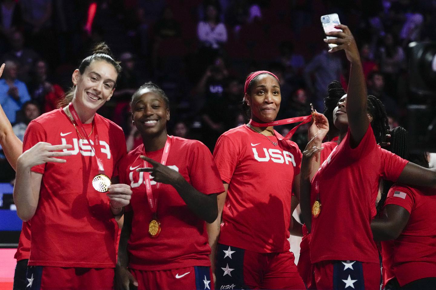 The U.S. gold medalists celebrate on the podium after defeating China in the final of the World Cup in Sydney, Australia, on Oct. 1, 2022.