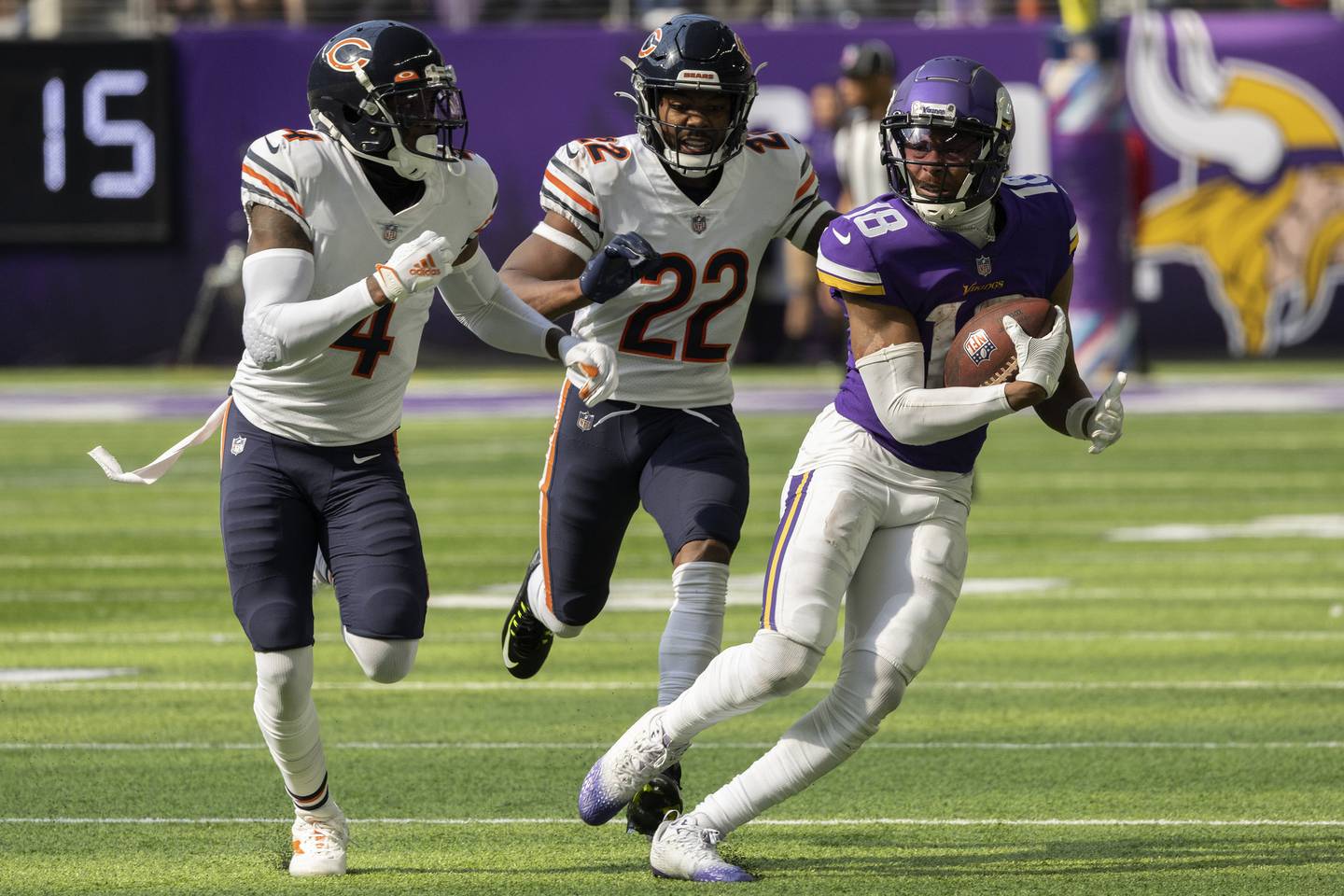 Bears cornerback Kindle Vildor and safety Eddie Jackson can’t stop Vikings wide receiver Justin Jefferson during the second quarter at U.S Bank Stadium on Oct. 9, 2022.