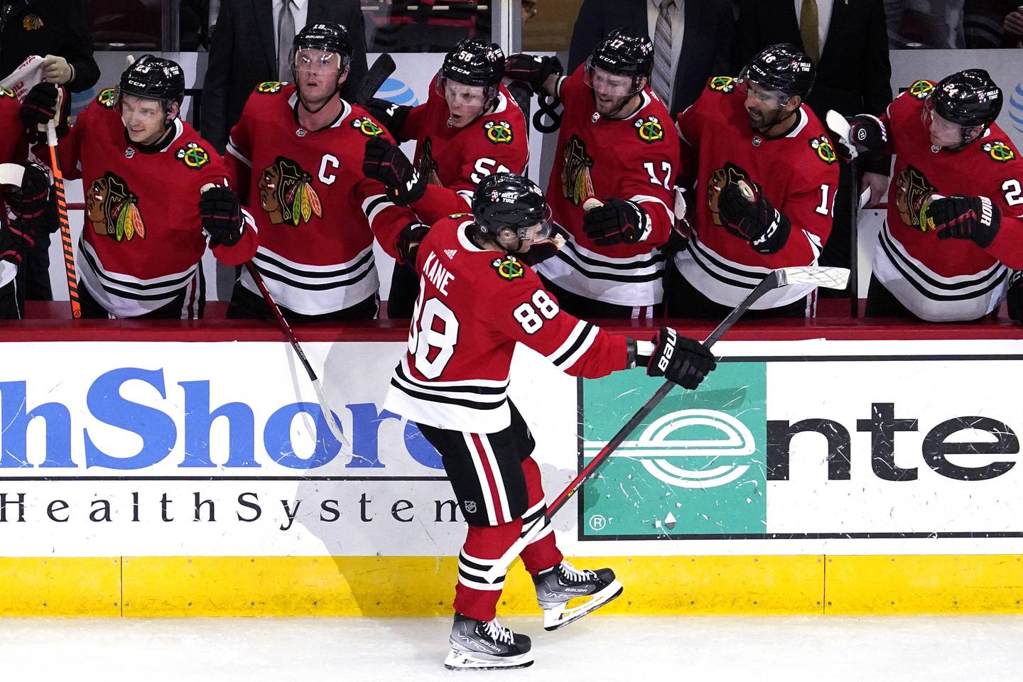 Chicago Blackhawks right wing Patrick Kane (88) celebrates with teammates after scoring during the third period against the Edmonton Oilers, Oct. 27, 2022, at the United Center.