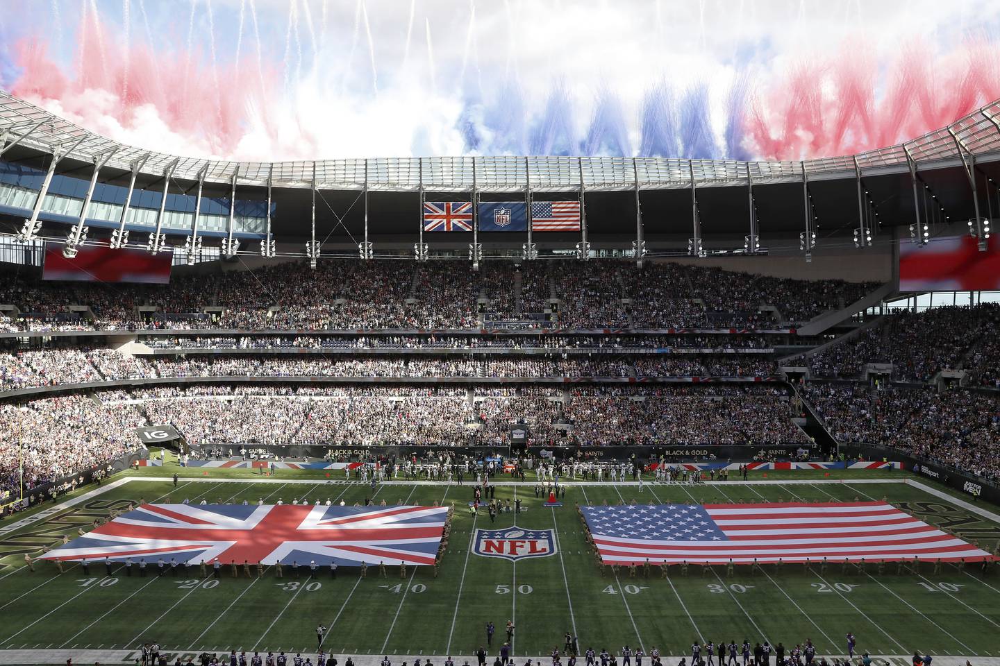 A general view of the field during the singing of the national anthem before the Saints-Vikings game at Tottenham Hotspur Stadium on Oct. 2, 2022.