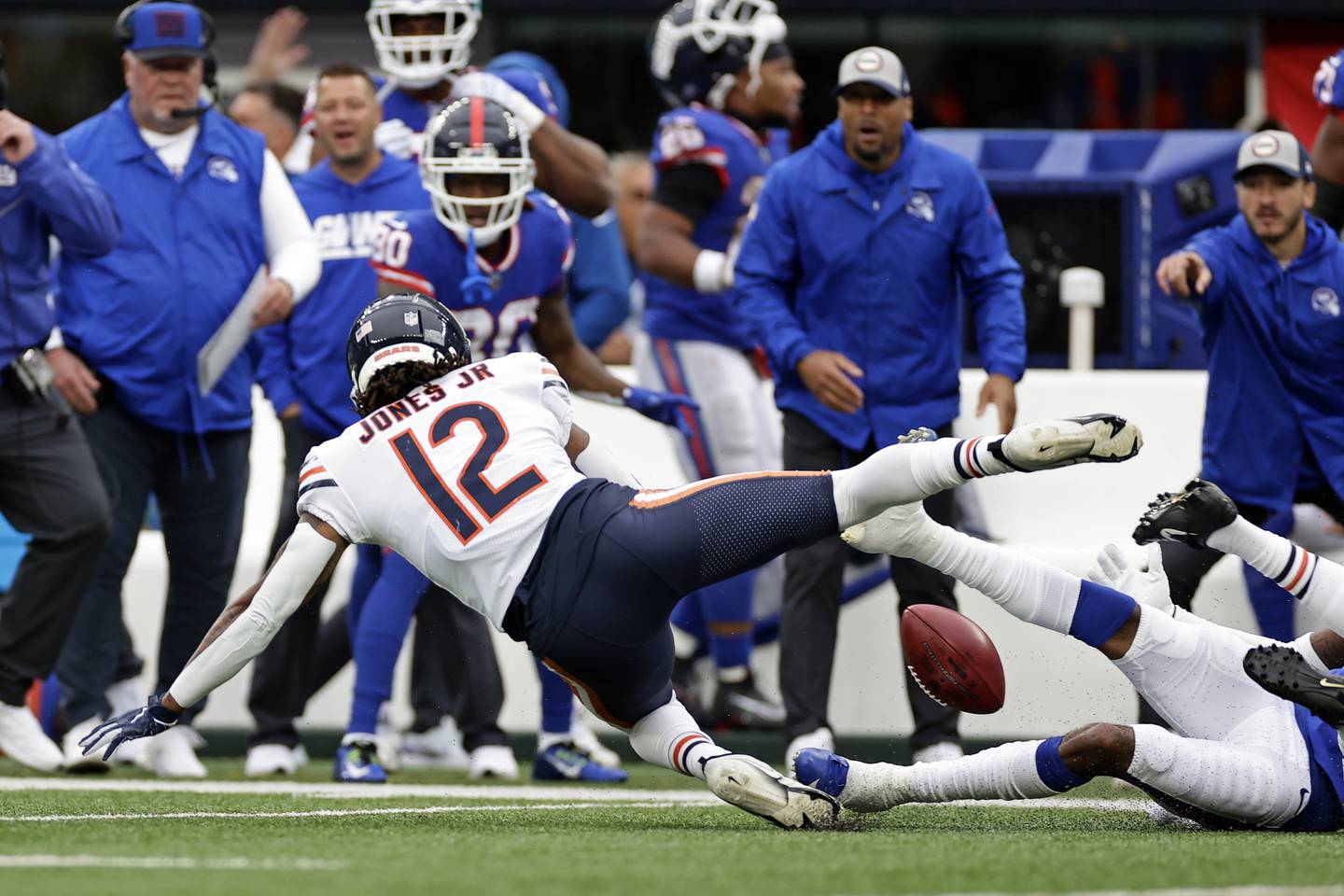 Bears returner Velus Jones muffs a punt late in the game against the Giants on Sunday in East Rutherford, N.J. 