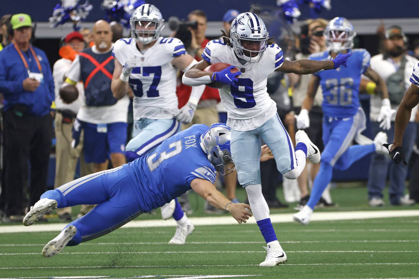 Cowboys wide receiver KaVontae Turpin (9) returns a punt against the Lions on Sunday in Arlington, Texas. 