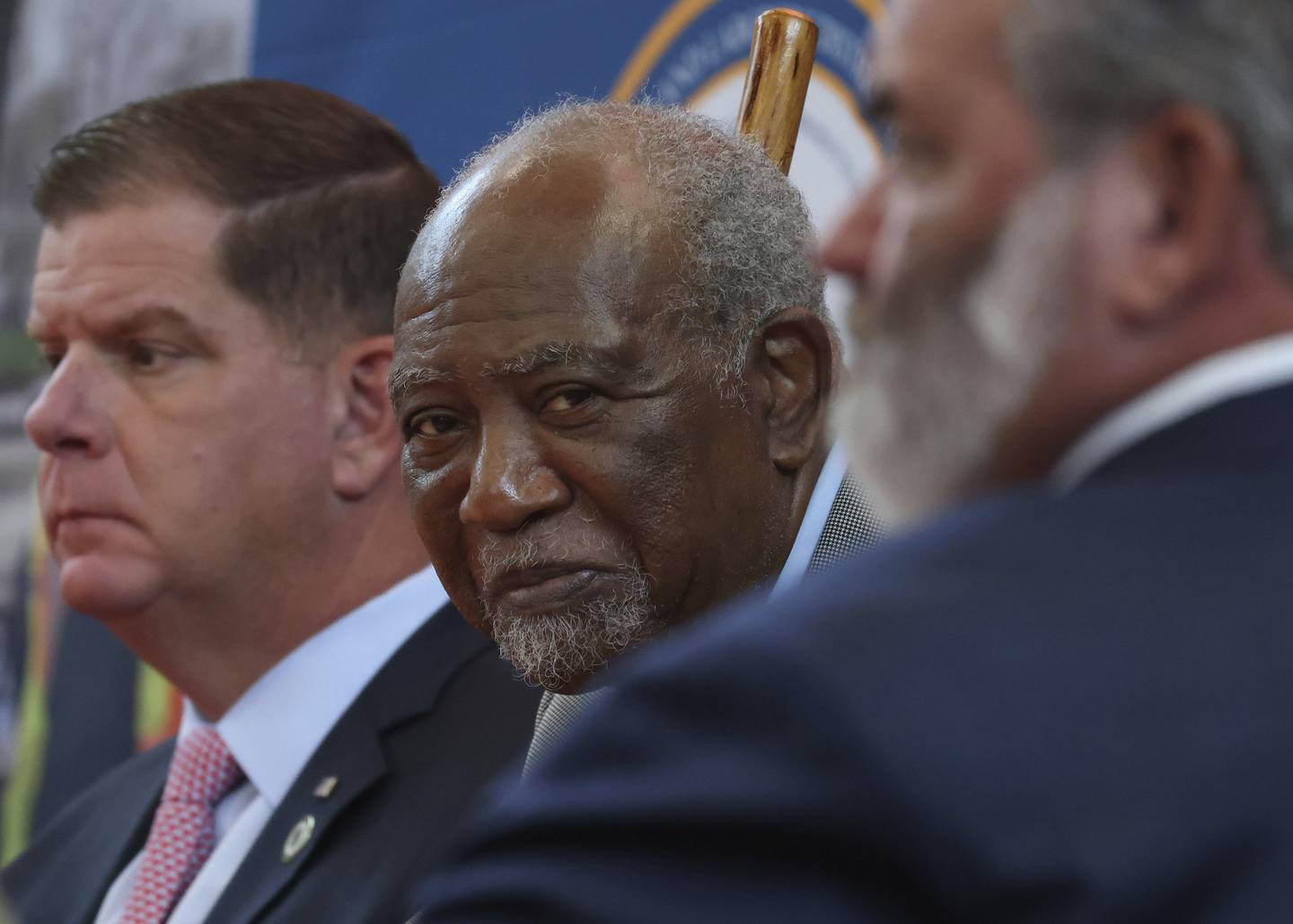 U.S. Secretary of Labor Marty Walsh with U.S. Rep. Danny Davis, center, and other officials at the Laborers International Union of North America Training Center in Chicago on Aug. 25, 2022. 