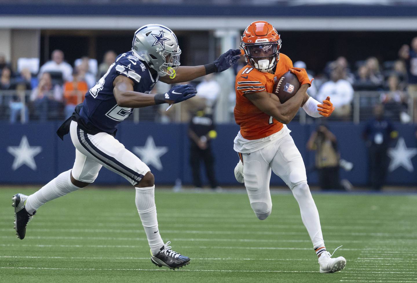 Bears wide receiver Darnell Mooney makes a reception ahead of Cowboys safety Israel Mukuamu in the third quarter on Oct. 30, 2022.