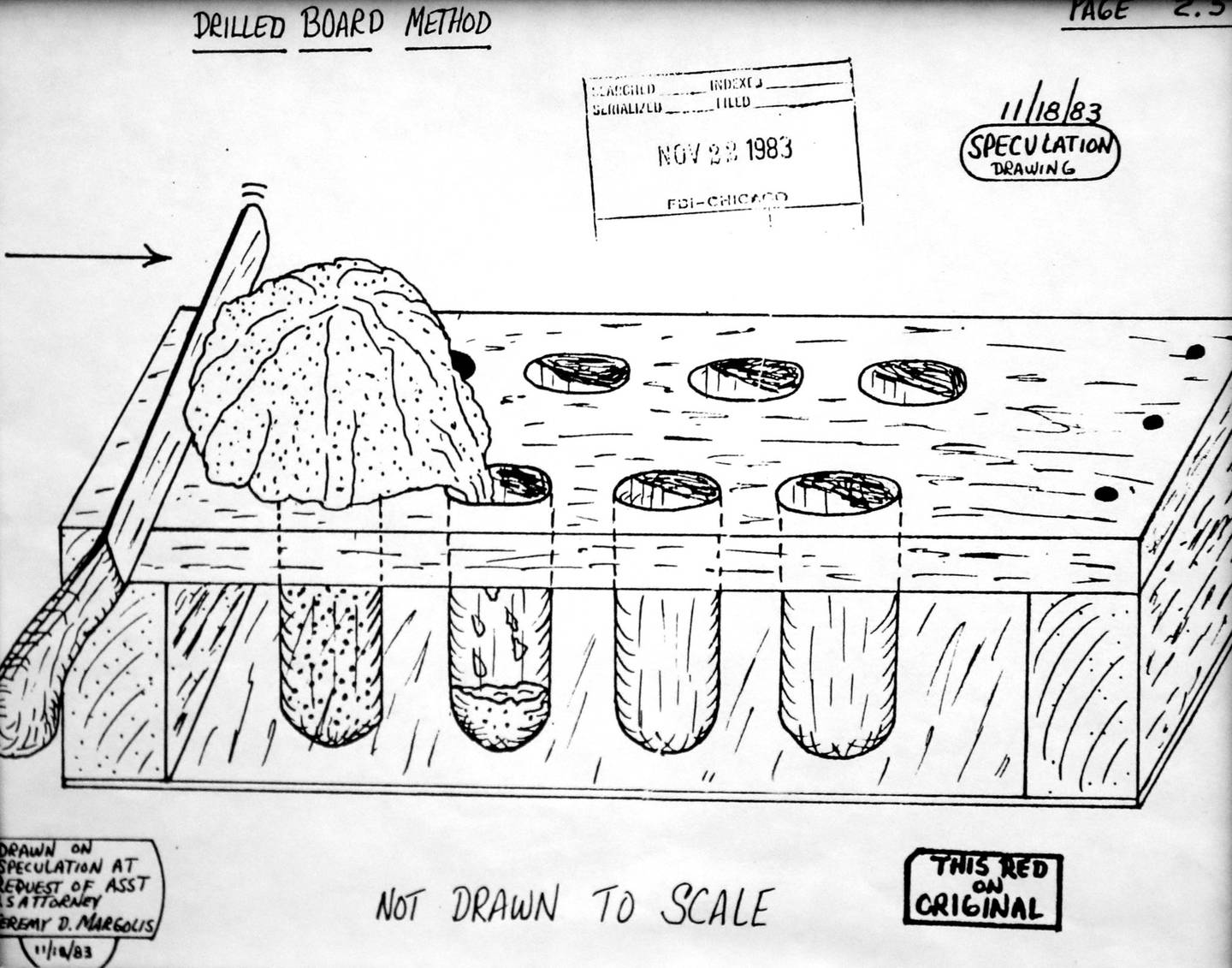 This drawing by James Lewis, labeled the “drilled board method,” showed how the Tylenol killer might have piled poison onto a board, then brushed it with a bread knife into open capsules inserted into holes in the wood.