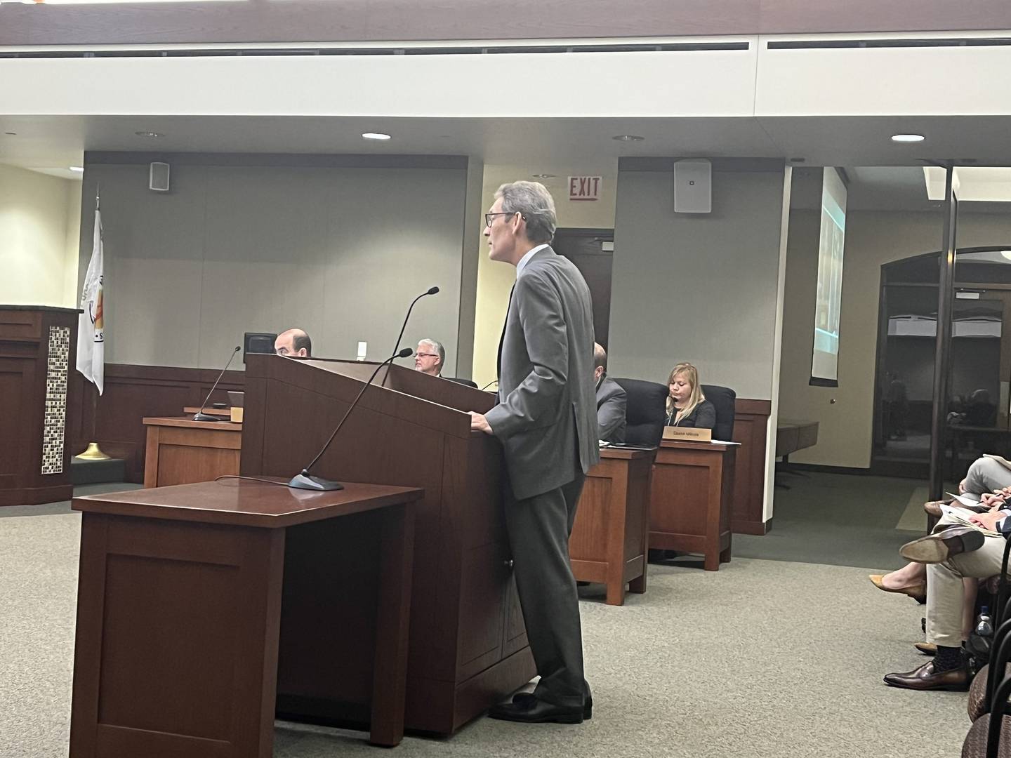 Paul Shadle, an attorney representing the Chicago Bears team, answers questions during the Arlington Heights Village Board Committee of the Whole meeting Oct. 10, 2022 in Arlington Heights.