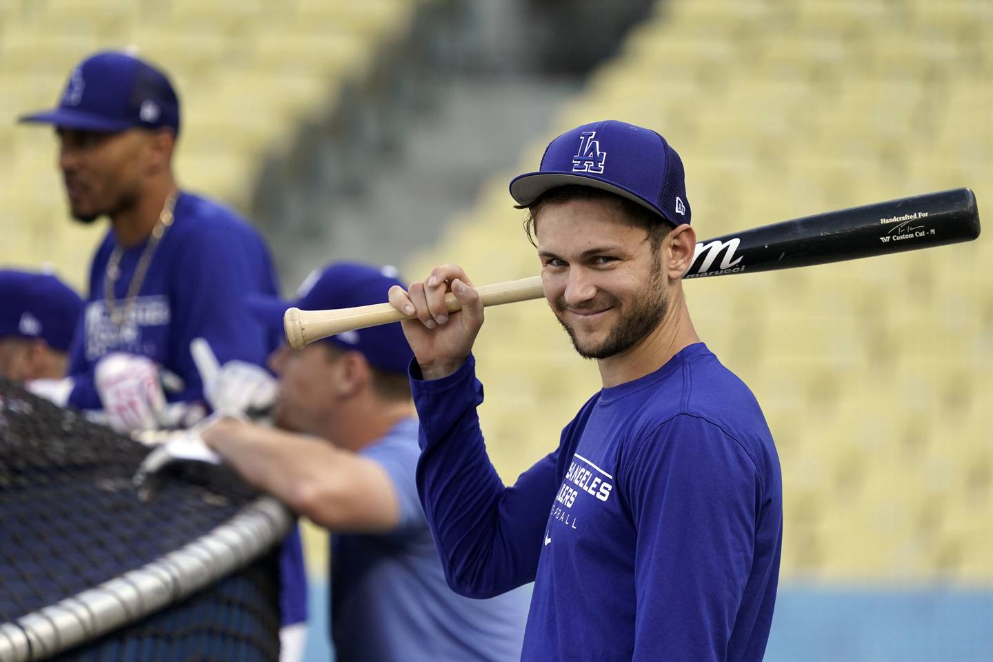 Dodgers shortstop Trea Turner smiles while taking batting practice Oct. 7, 2022, in Los Angeles.