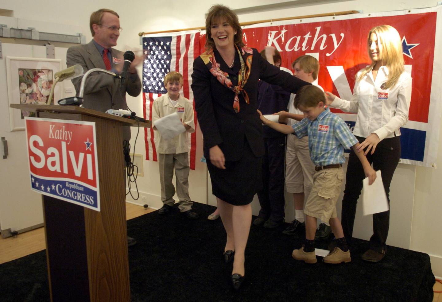 Kathy Salvi announces her candidacy for the Republican nomination for the 18th Congressional District at the Discovery Museum in Wauconda on Sept. 13, 2005. Salvi's husband Al is at left.  