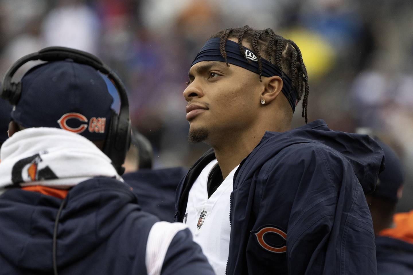 Bears quarterback Justin Fields watches from the sideline during the third quarter against the Giants on Sunday in East Rutherford, N.J. 