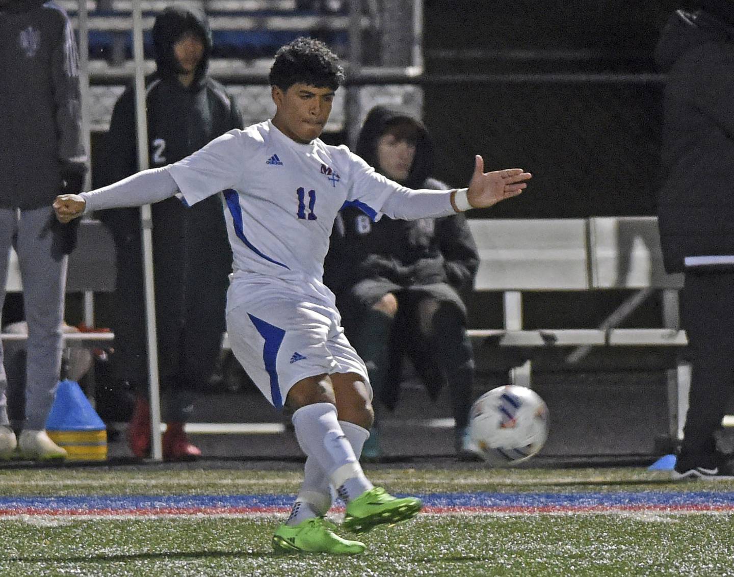 Marmion's Giovanni Magana kicks the ball downfield against Rockford Boylan during a Class 2A Glenbard South Sectional semifinal in Glen Ellyn on Tuesday, Oct. 25, 2022.