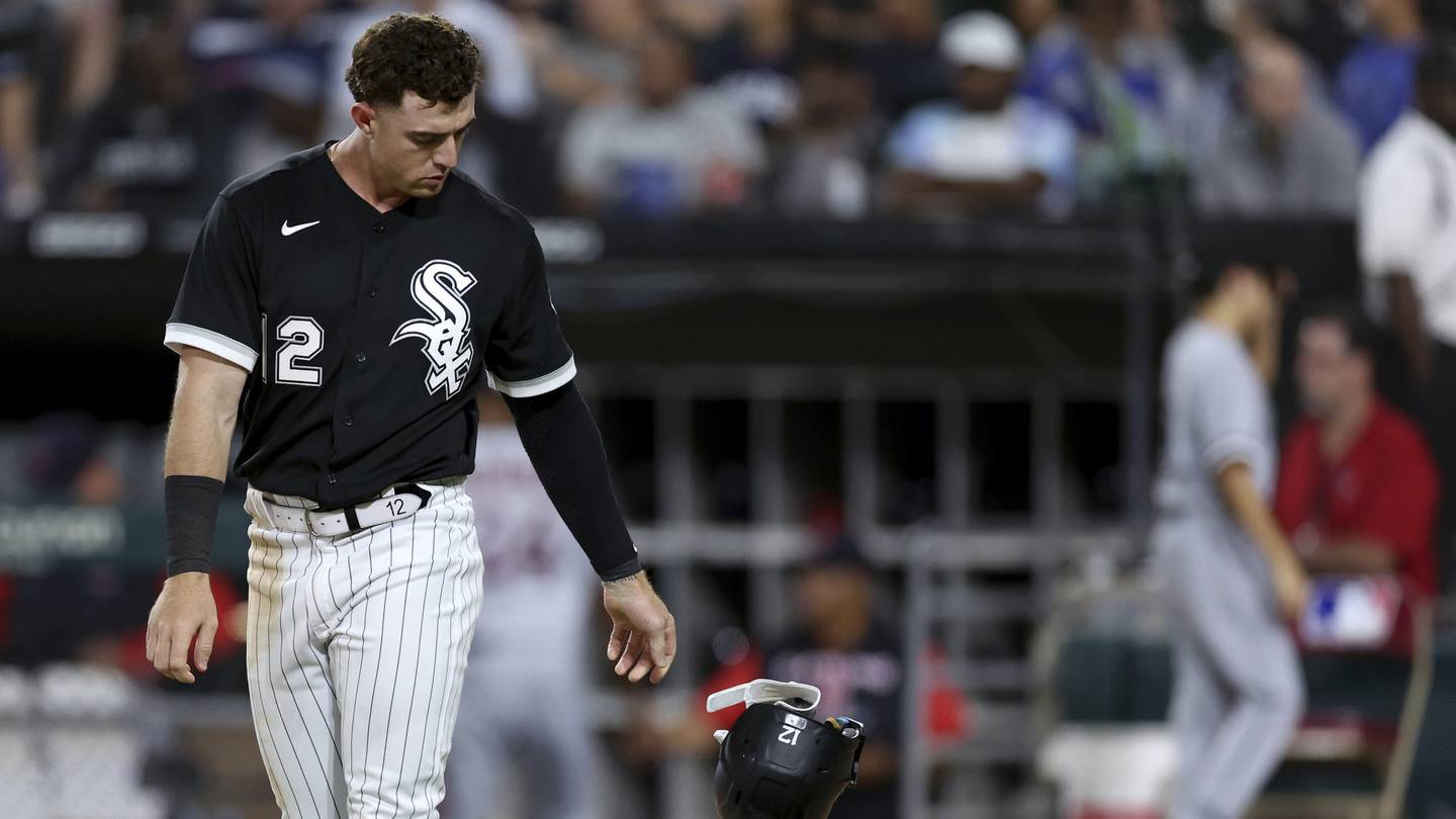 White Sox second baseman Romy Gonzalez drops his helmet after striking out to end the seventh inning against the Guardians on Sept. 21 at Guaranteed Rate Field. 