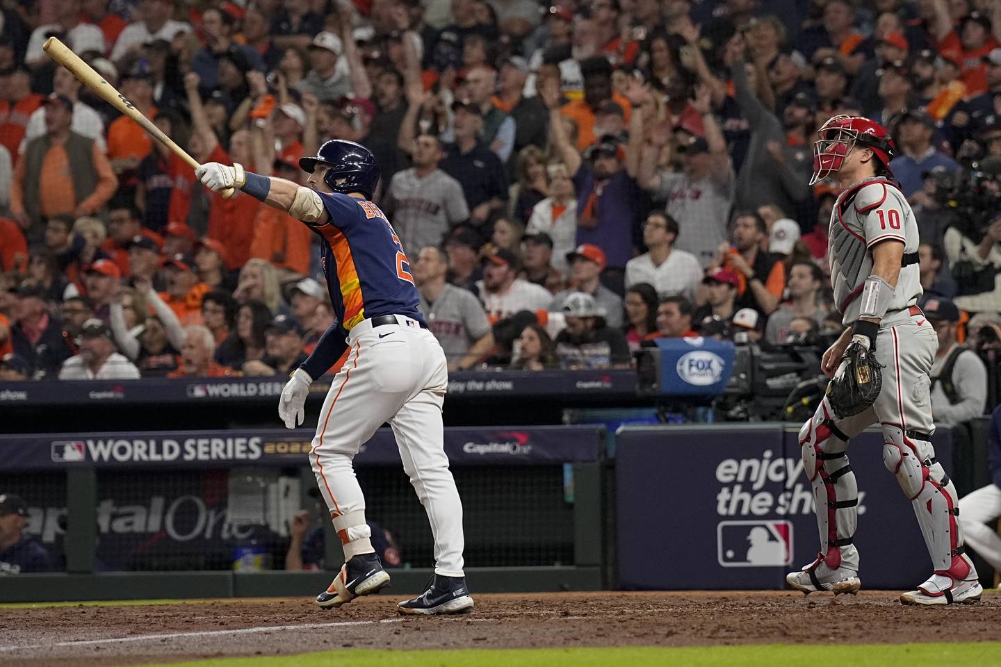The Astros' Alex Bregman watches his two-run home run during the fifth inning in Game 2 of the World Series against the Phillies on Saturday in Houston. 