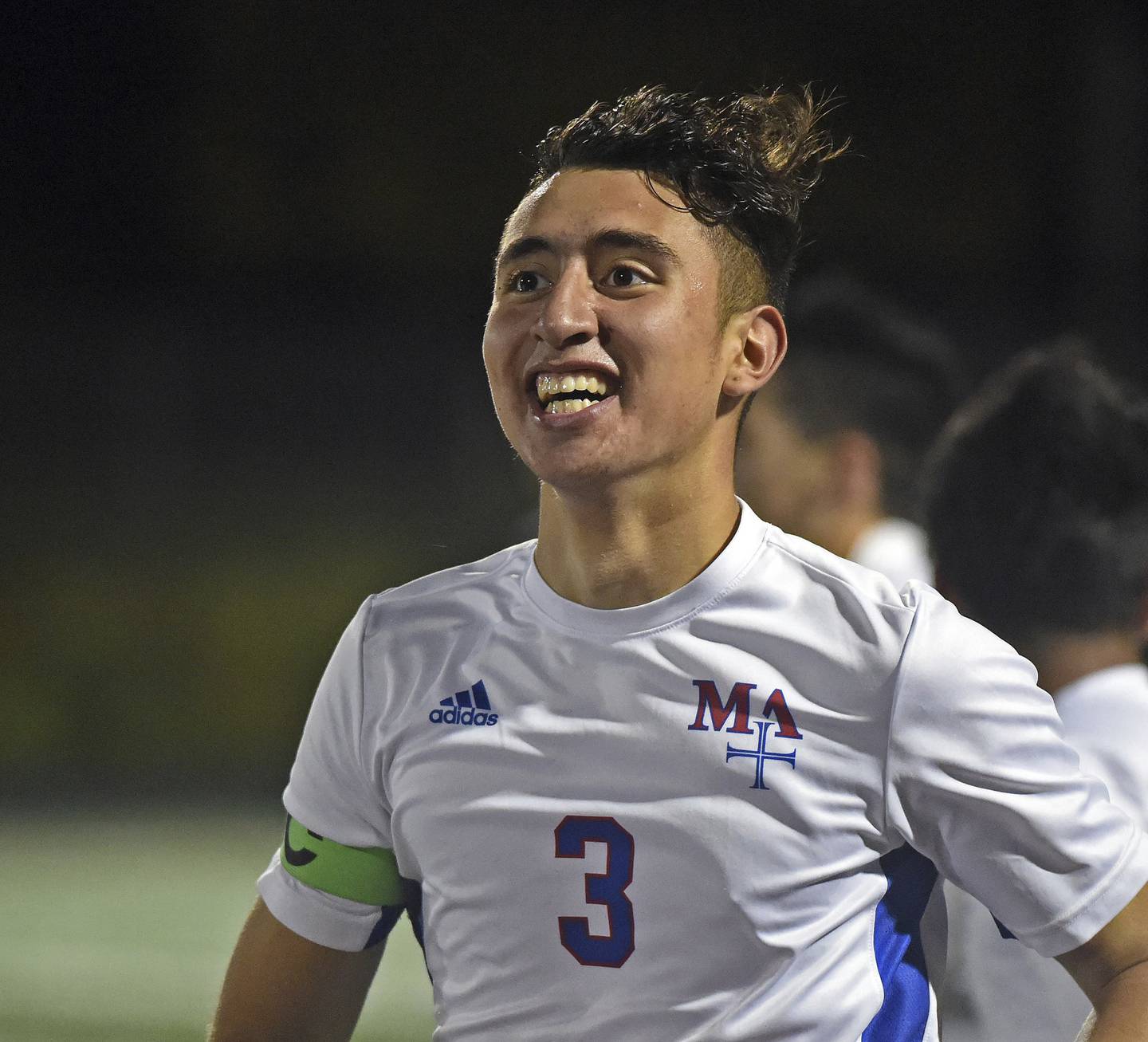 Marmion's Ricardo Saucedo (3) reacts after teammate Mactzil Uriel Lopez scores against Rockford Boylan during a Class 2A Glenbard South Sectional semifinal in Glen Ellyn on Tuesday, Oct. 25, 2022.