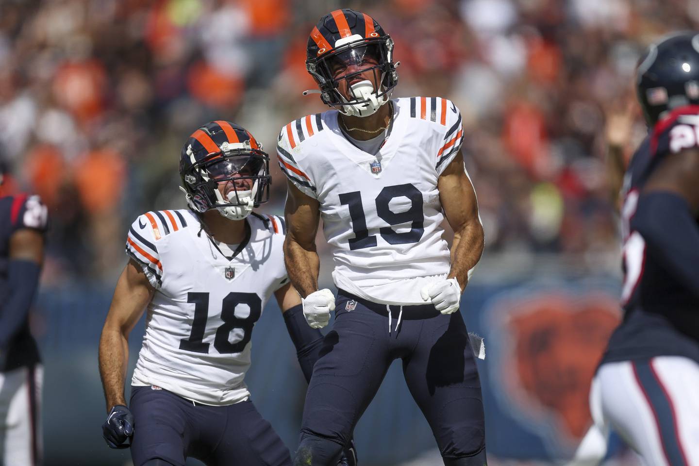 Bears wide receiver Equanimeous St. Brown (19) celebrates after running for a first down against the Texans on Sept. 25, 2022, at Soldier Field.
