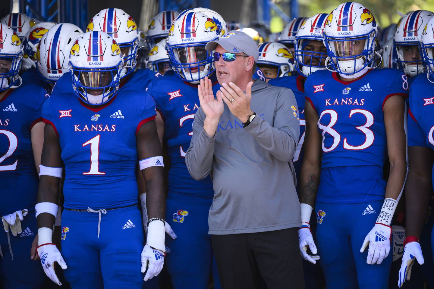 Kansas coach Lance Leipold prepares to enter the field with his team before an NCAA college football game against Iowa State Saturday, Oct. 1 in Lawrence, Kansas.