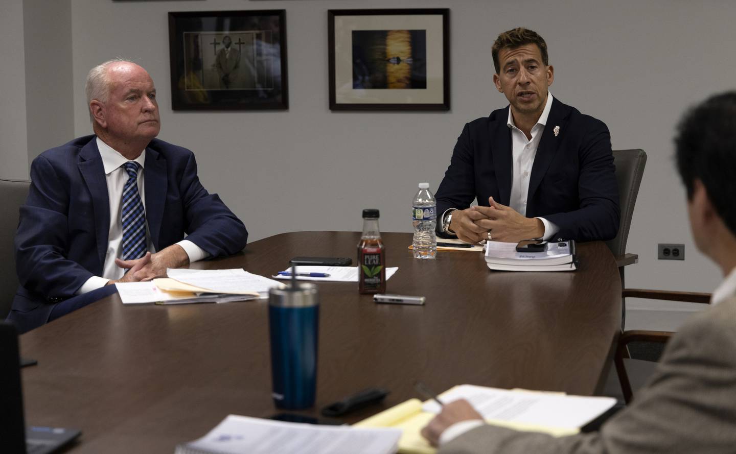 Former State Rep. and candidate for secretary of state Dan Brady, left, and challenger former Illinois Treasurer Alexi Giannoulias speak with the Chicago Tribune Editorial Board on Oct. 5, 2022.