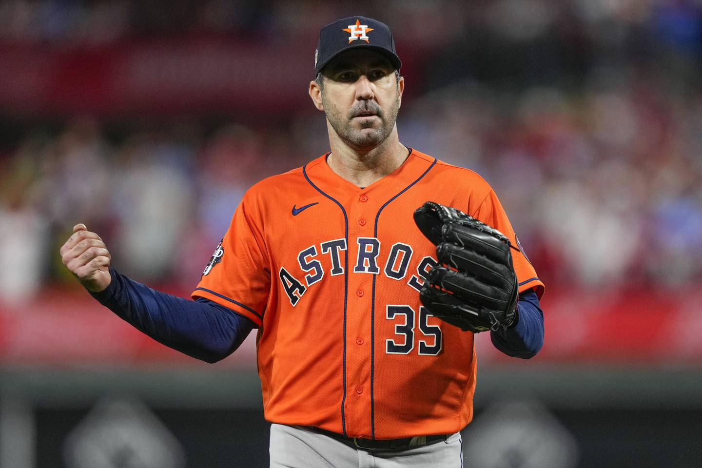Astros starting pitcher Justin Verlander celebrates the last out in the fifth inning against the Phillies in Game 5 the World Series Thursday in Philadelphia.