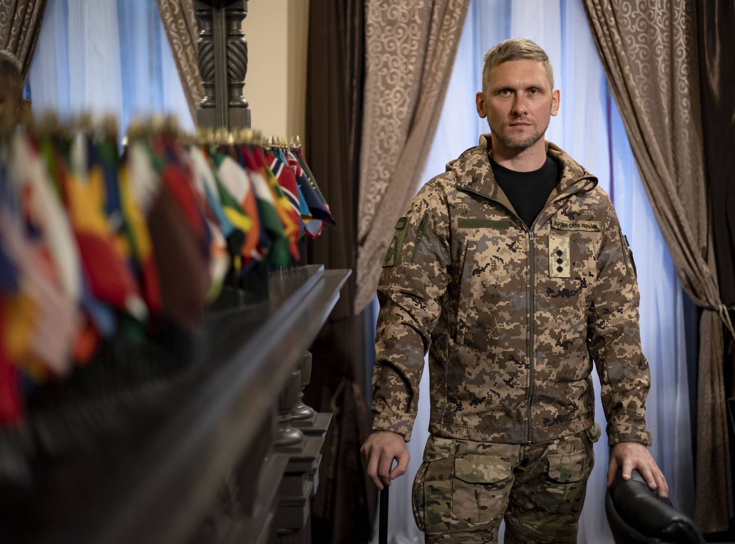 Serge Senya, a senior lieutenant in the Ukrainian Air Force, in Chicago on Nov. 17, 2022, where he is getting treatment for his injuries. 