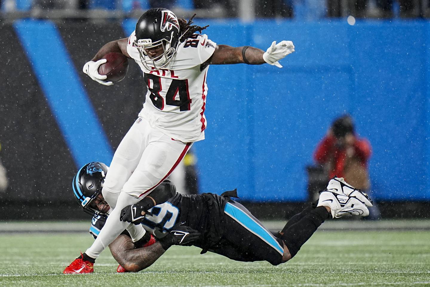 Falcons running back Cordarrelle Patterson is tackled by Panthers linebacker Frankie Luvu during the second half on Nov. 10 in Charlotte, N.C. 