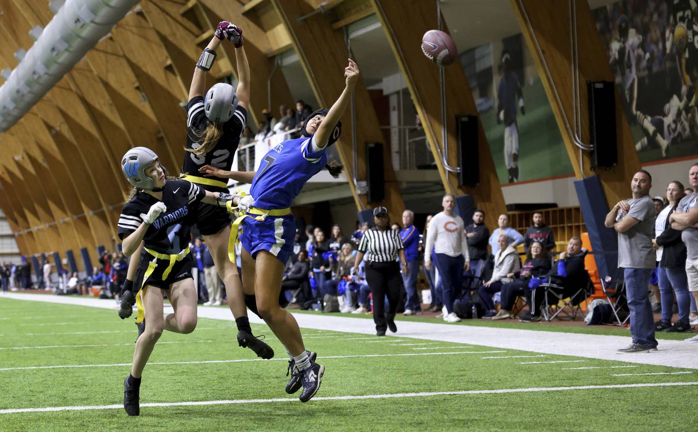 Taft High School’s Elena Gonzalez (right) is unable to come down with a pass in the end zone during a championship game against Willowbrook High School.