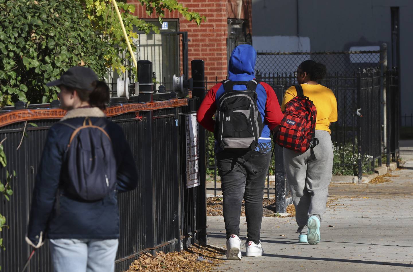 Students leave Uplift Community High School in Chicago’s Uptown neighborhood on Oct. 28. 