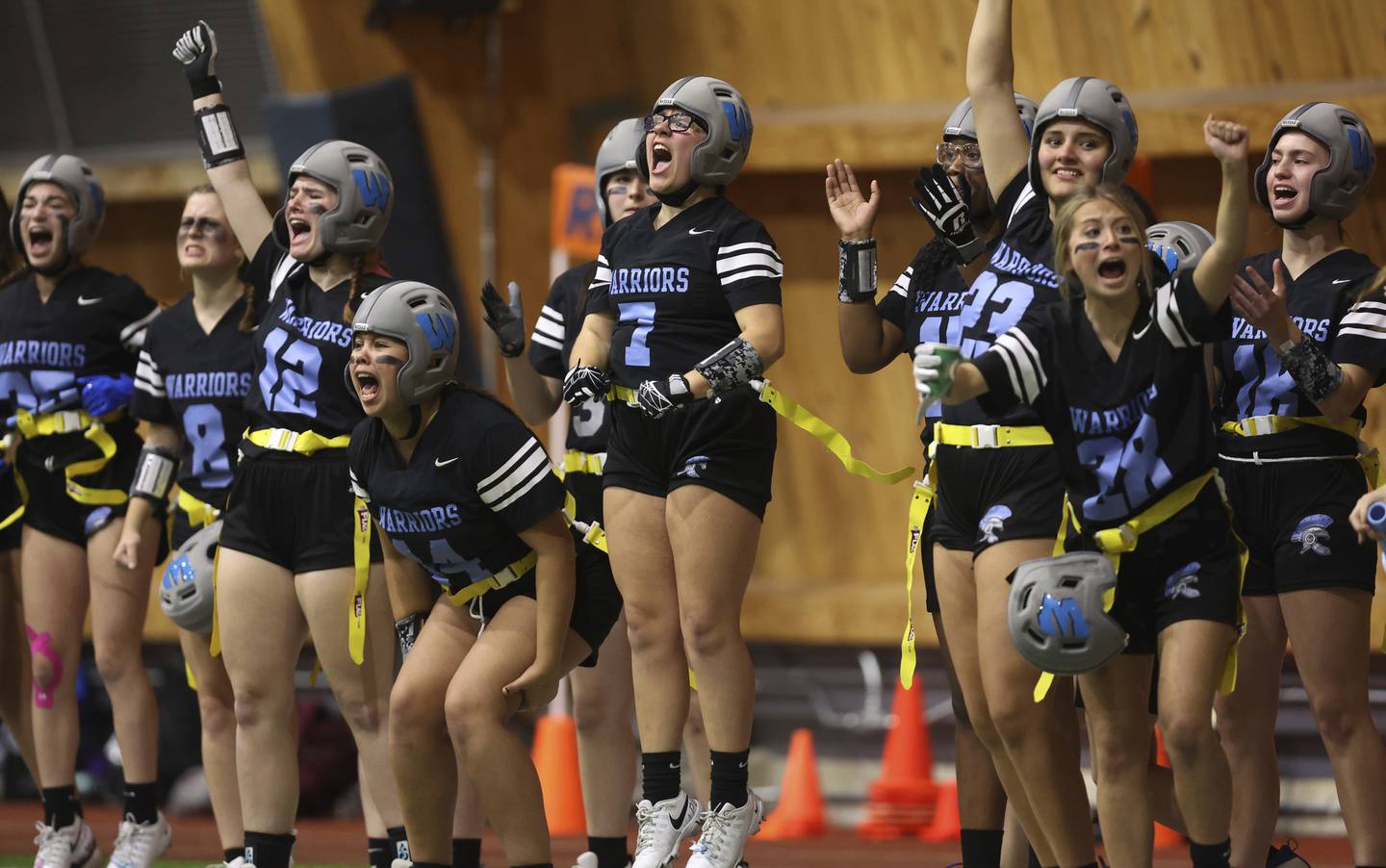 Willowbrook High School players, including Emily Pearson (7), cheer during their semifinal game.