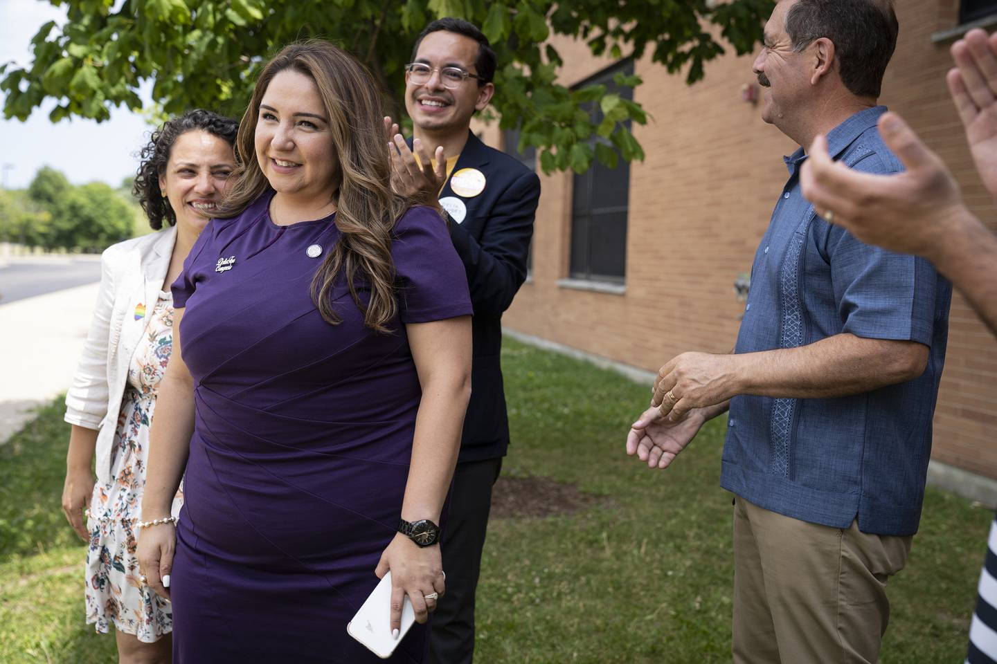 Delia Ramirez, candidate for the Illinois' 3rd Congressional District, is joined by progressive Latino politicians during a stop at Prieto Math and Science Academy in the Belmont Cragin neighborhood on June 28, 2022. U.S. Rep. Jesús "Chuy" García is at right.